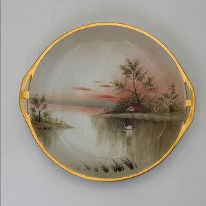 Bavarian Antique or Vintage Hand-Painted Scenic Porcelain Dish with Gold Trim